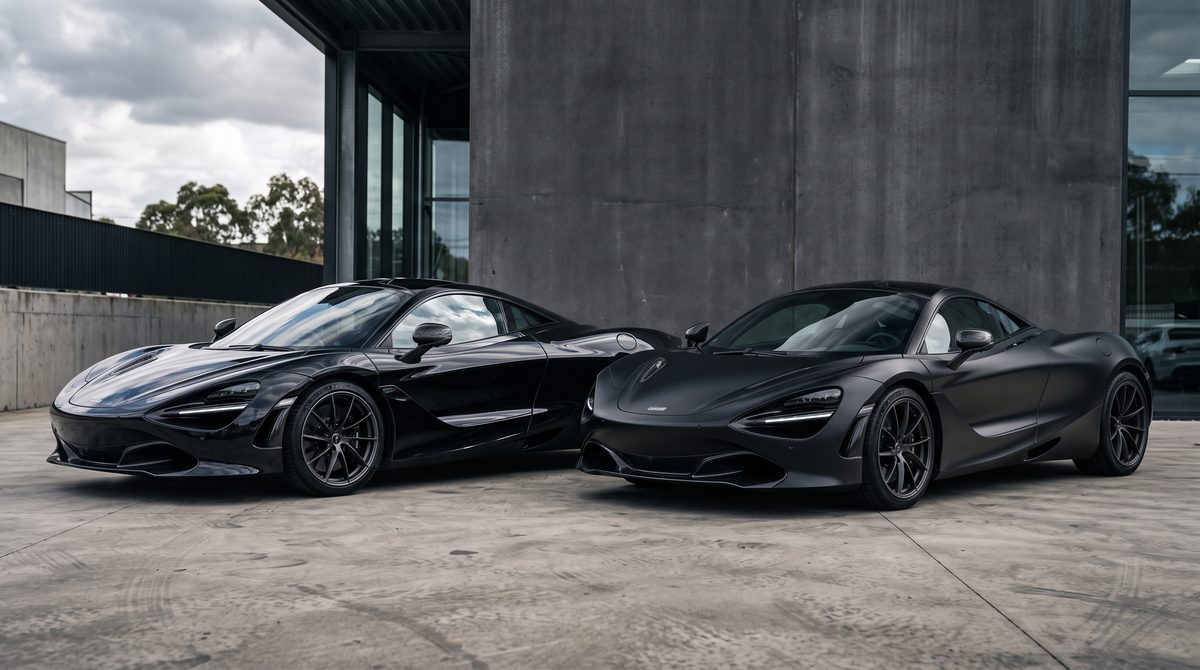 Two identical cars side by side, one in gloss black and one in matte black, in daylight.
