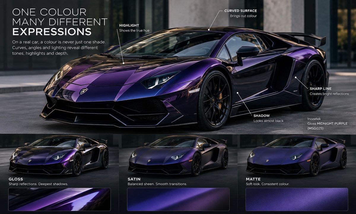 Side profile of a modern sports saloon displaying sharp shoulder creases and light reflections across a deep purple vinyl wrap finish