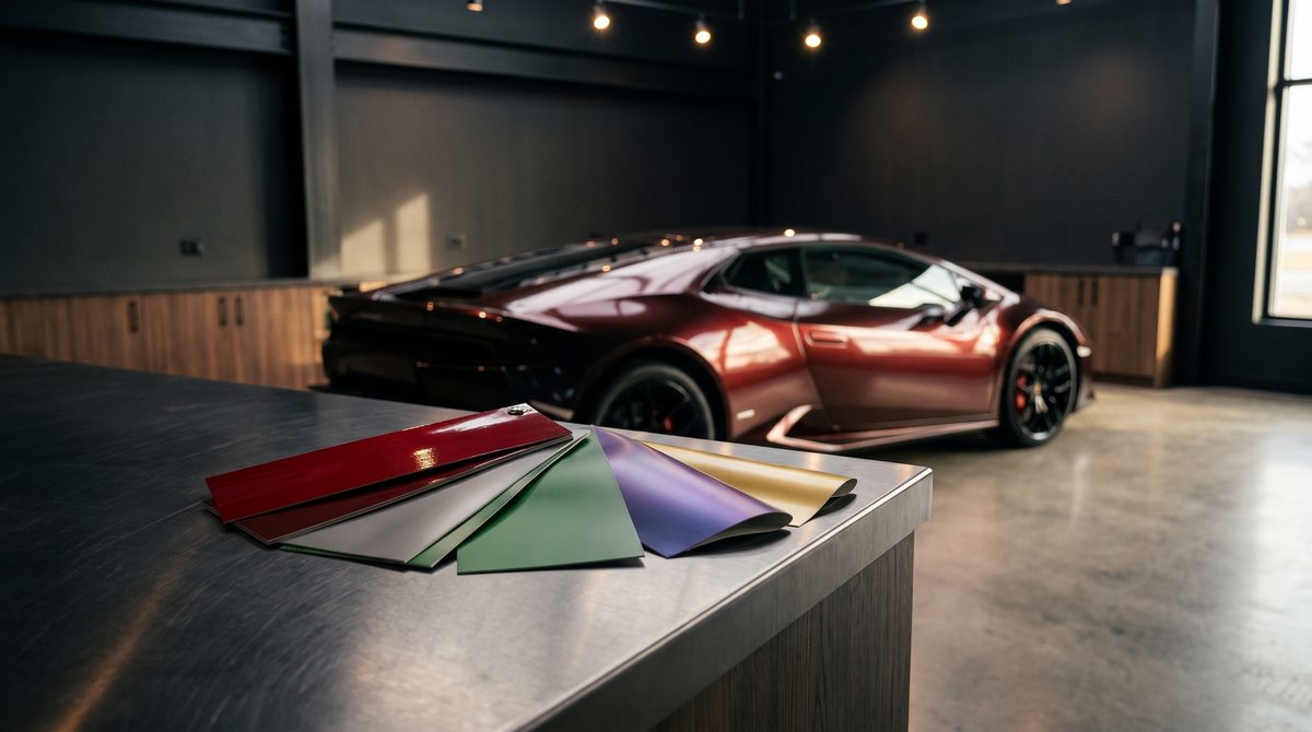 Vinyl colour swatches laid out on a counter next to a wrapped car.
