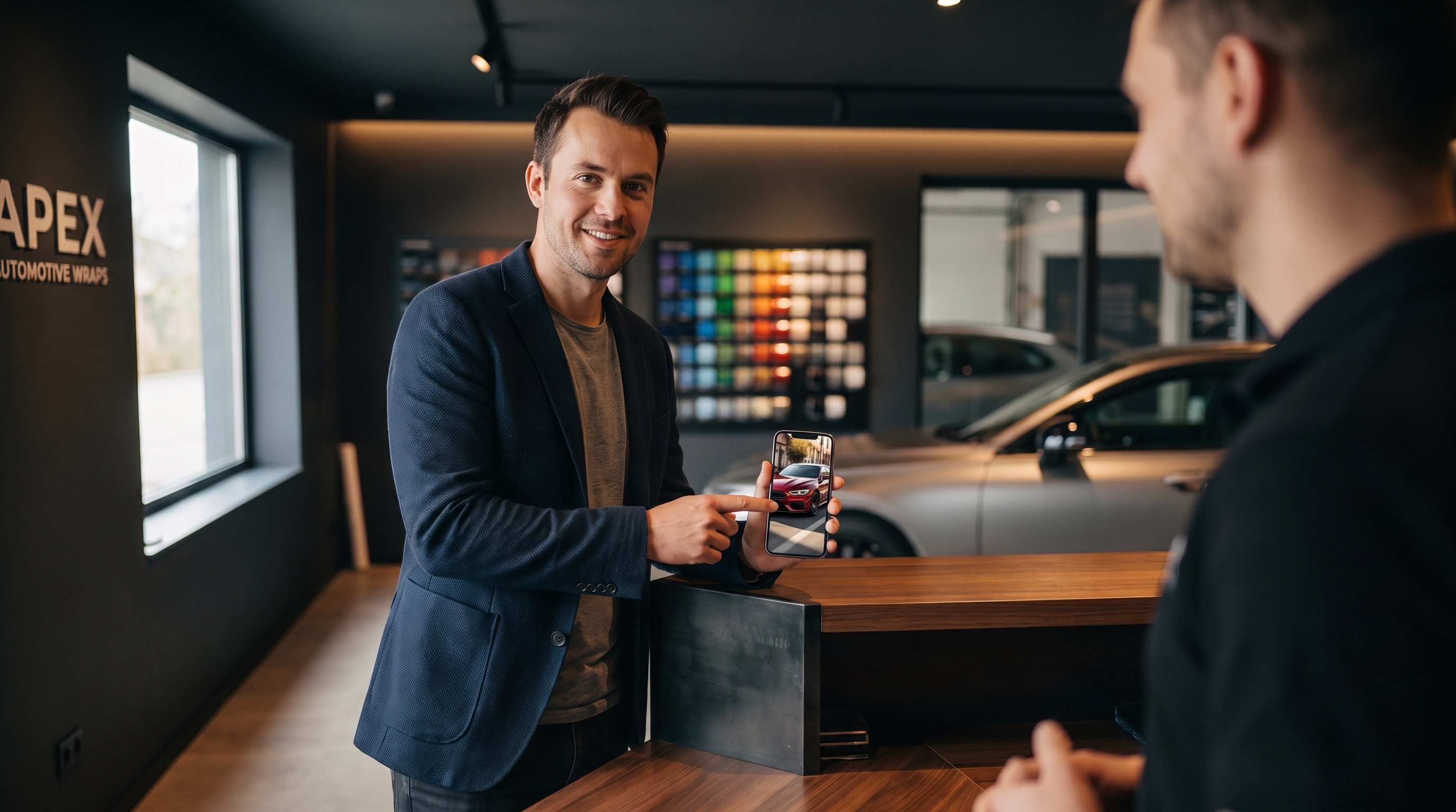 A customer at a wrap shop counter showing the colour he chose on his phone.